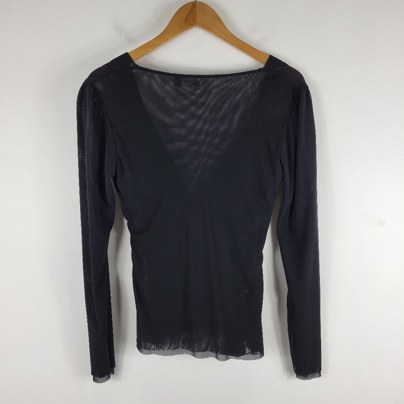 Maeve Y2K Sheer Nylon Mesh Belted Knot Front Long Sleeve Deep V Neck Blouse - Picture 8 of 8